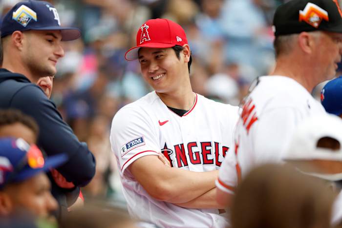 Jul 10, 2023; Seattle, Washington, USA; Los Angeles Angels player Shohei Ohtani during the All-Star Home Run Derby at T-Mobile Park. Mandatory Credit: Joe Nicholson-USA TODAY Sports